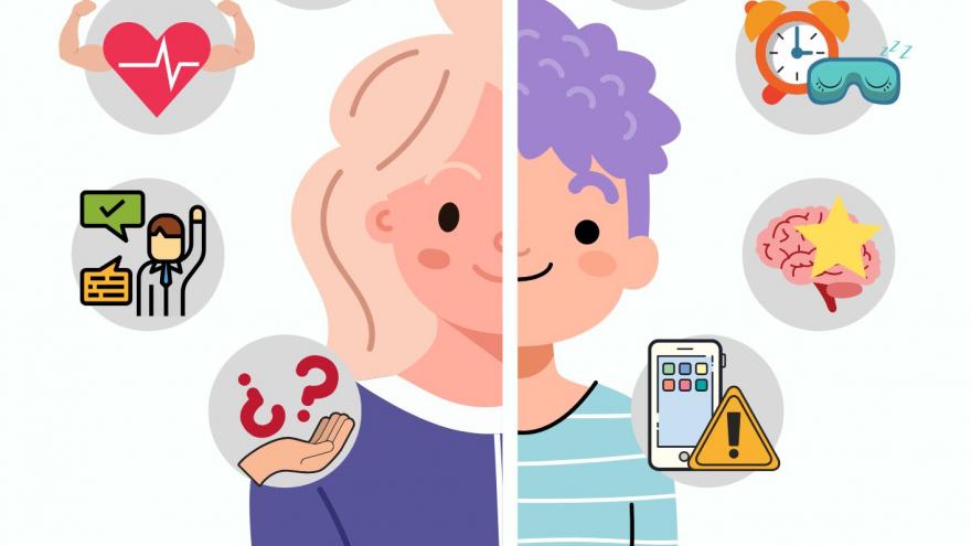 Dibujo de una cabeza mitad niño y mitad niña con iconos alrededor y un título que dicen "Taller por fuera y por dentro: ¡cuidate!" 